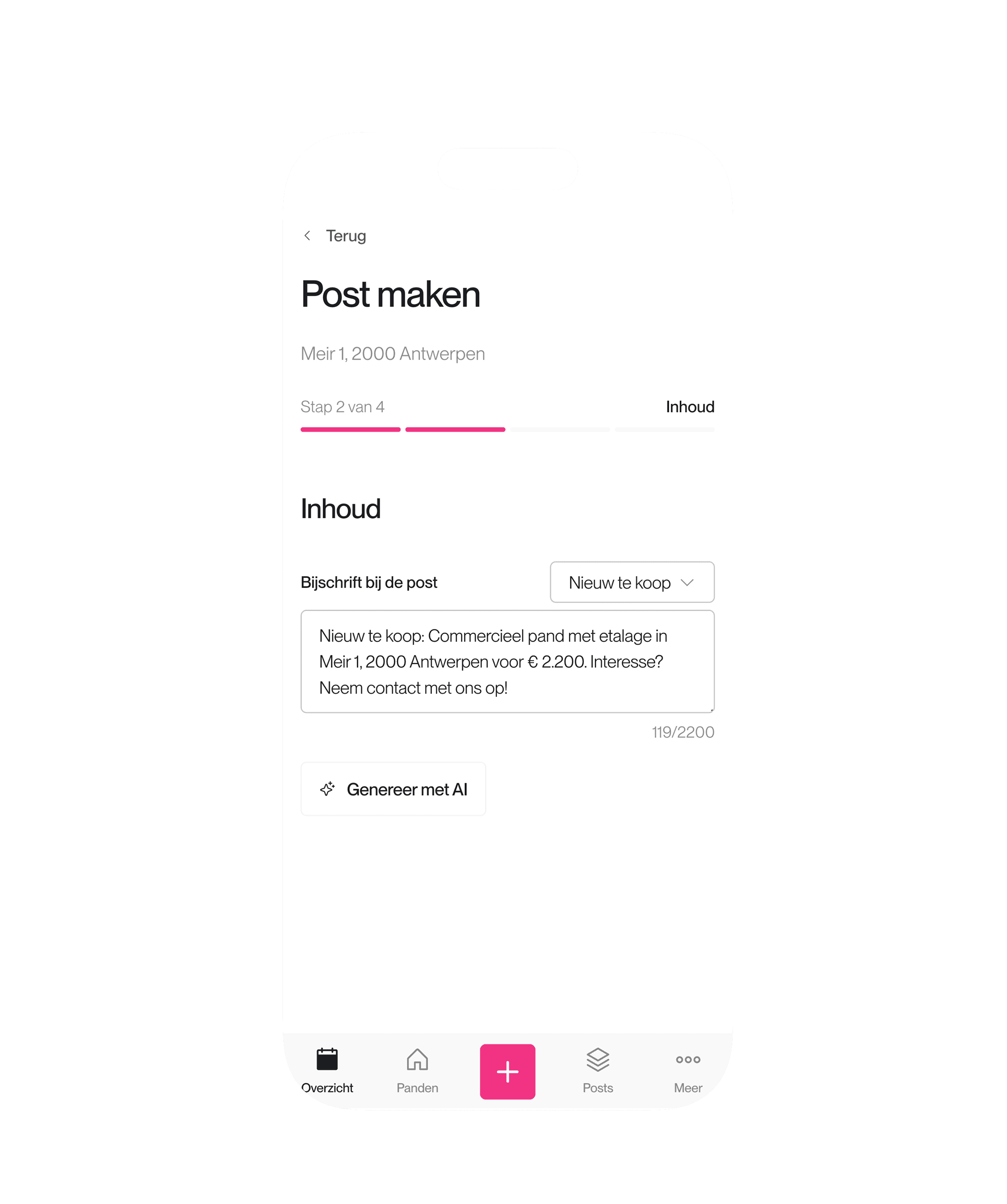 De caption van de post opstellen in de app